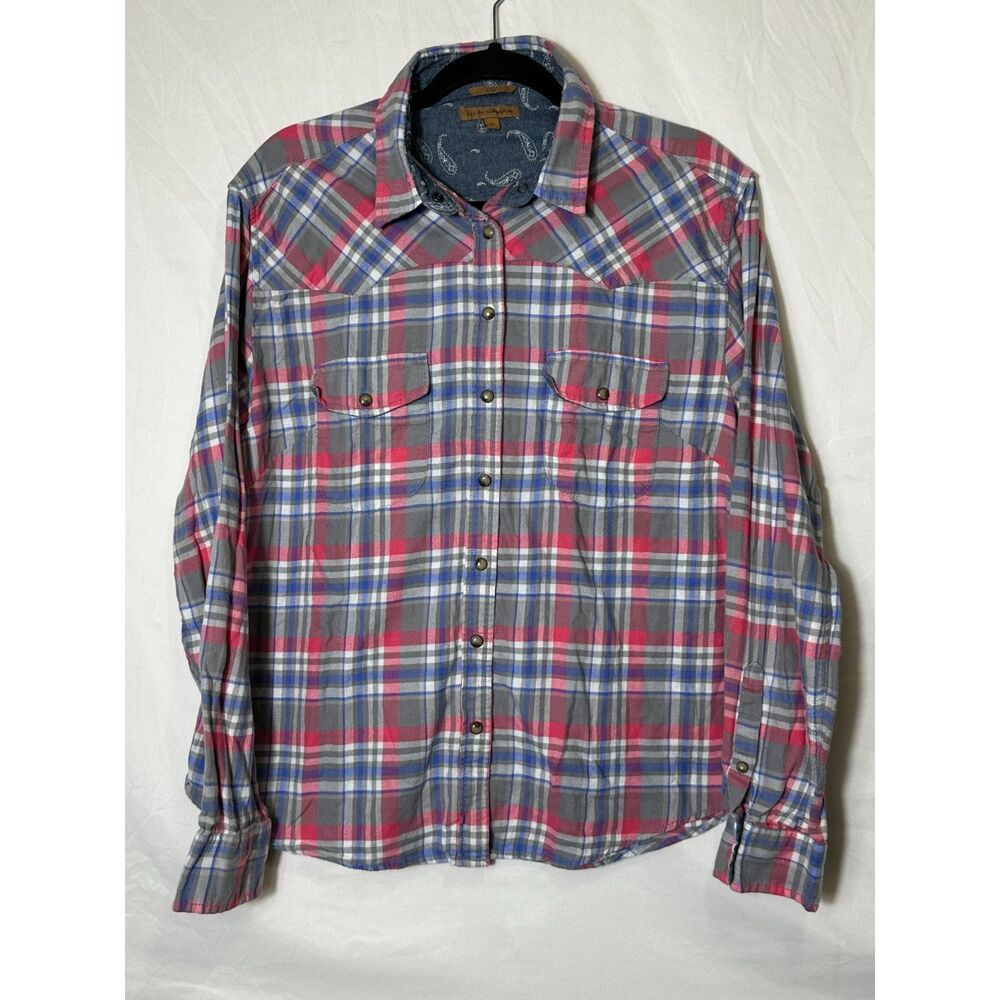Jach's Girlfriend Women's Snap Up Pink Gray Blue Flannel Shirt SZ XL Long Sleeve
